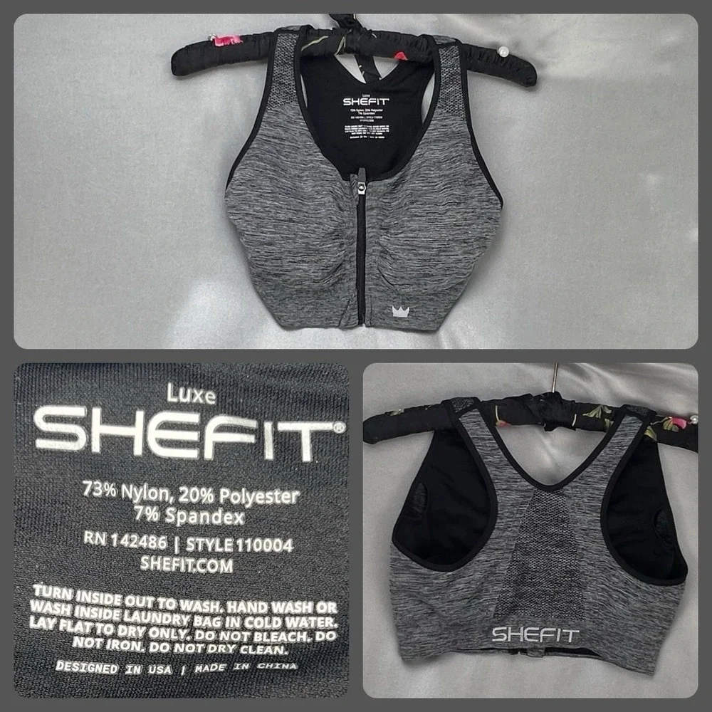 SHEFIT‎ Lounge Sports Bra Luxe (L) Zip Front Close Graphite Gray Removable Pads